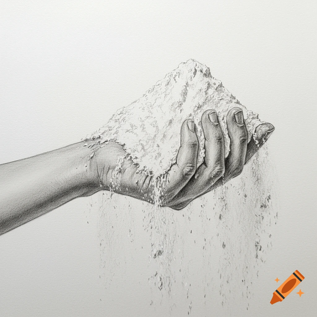 Pencil sketch of a hand holding a pile of flour.