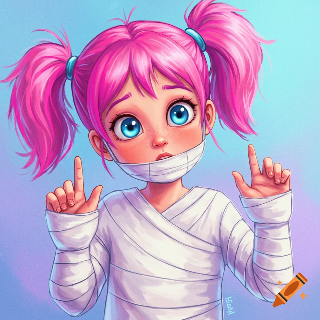 A girl with pink pigtails, face mask, and bandages pointing up.