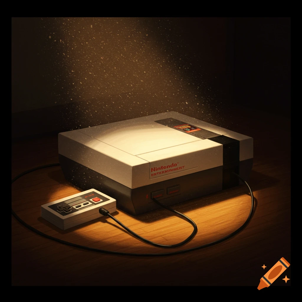 A vintage Nintendo Entertainment System console and controller sit on a wooden surface, illuminated by a dusty light beam.