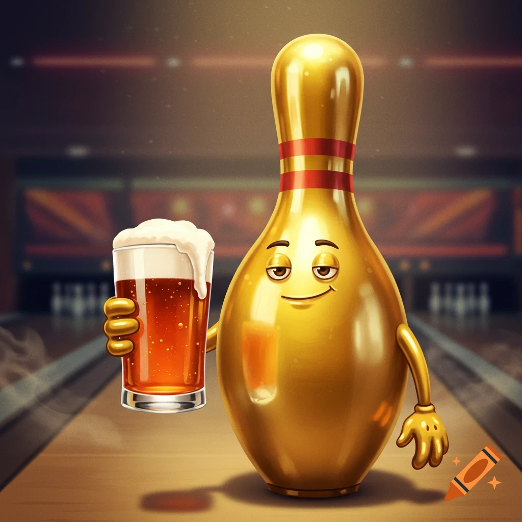 Cartoon gold bowling pin character holding a glass of beer in a bowling alley.