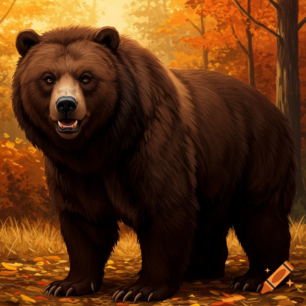 A brown bear stands in an autumn forest.
