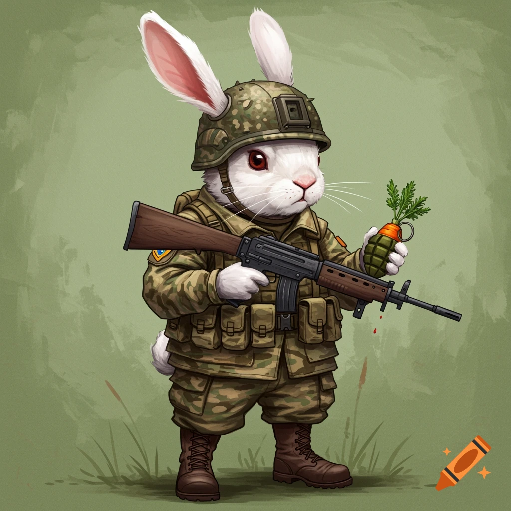 Illustration of a rabbit in military uniform holding a rifle and carrot grenade.