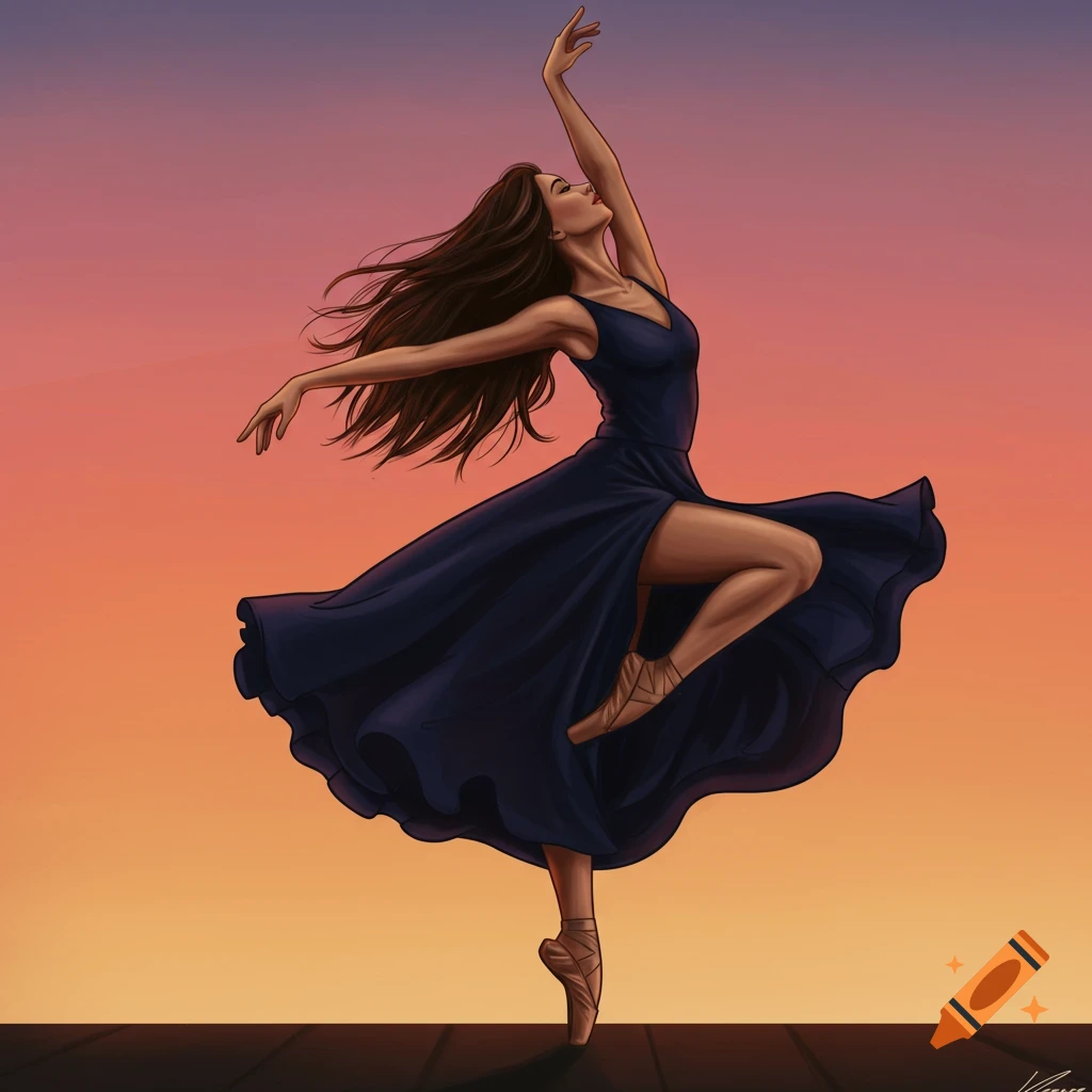 A ballet dancer in a blue dress dancing en pointe against a sunset sky.