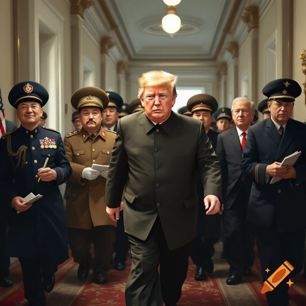 Donald Trump leading a procession of people in military-style uniforms down a long corridor.