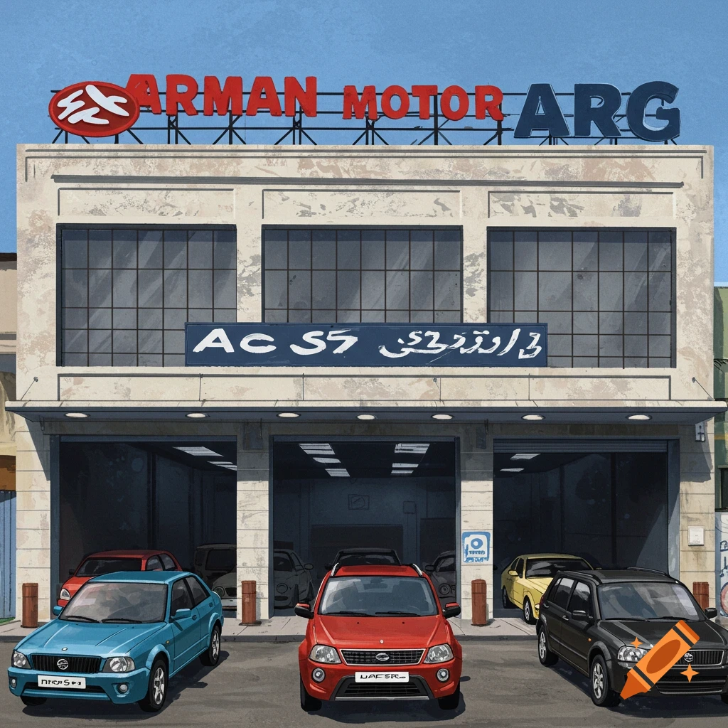 The facade of a car dealership named 'Arman Motor Arg' with several cars parked outside.