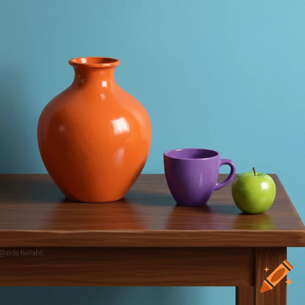 An orange vase, purple cup, and green apple are arranged on a brown table with a blue background.