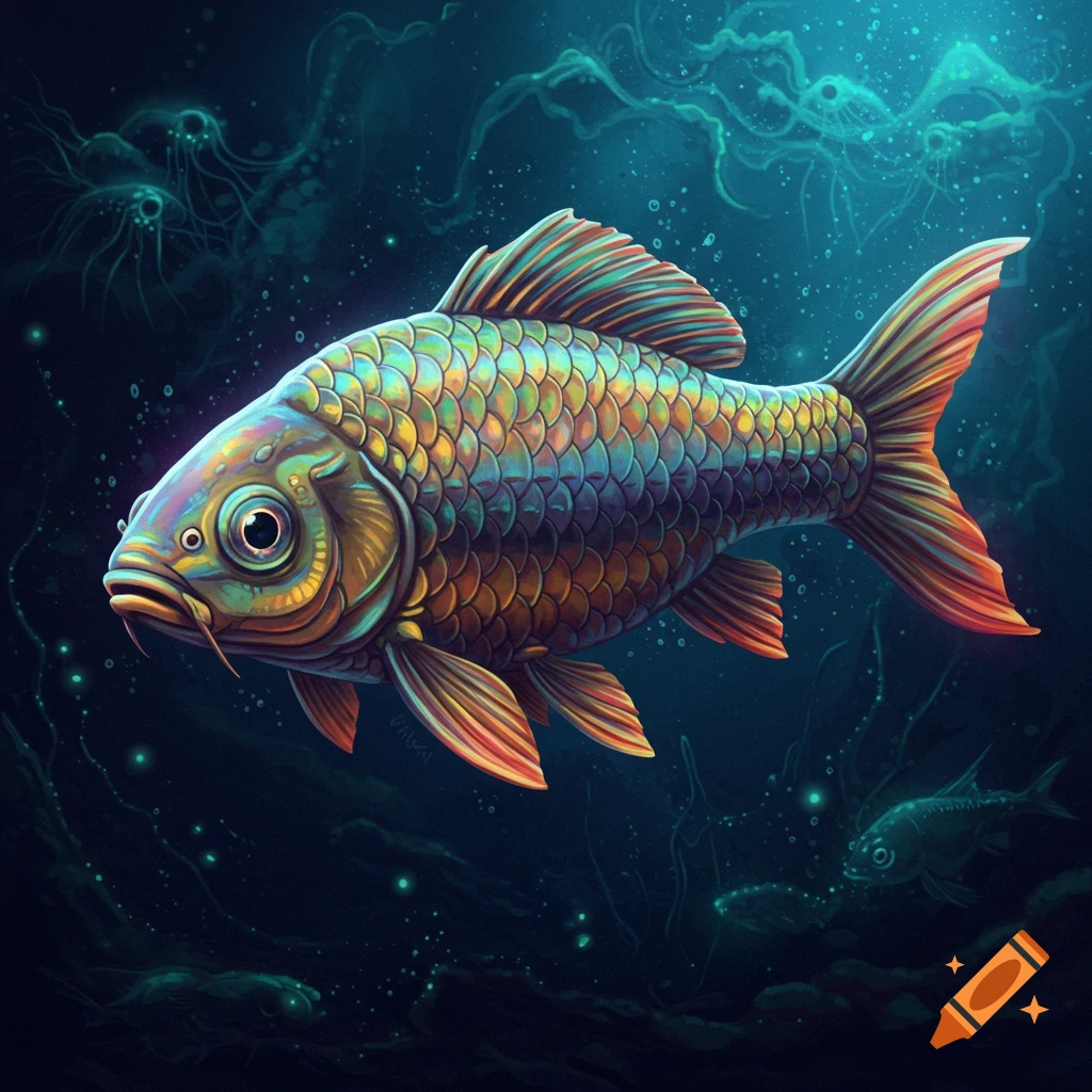 A colorful, detailed image of a fish swimming in dark blue water with glowing plankton.
