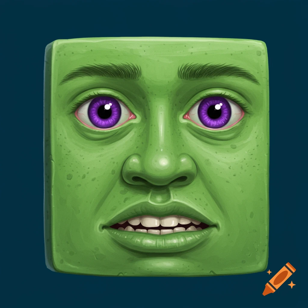 Stylized square green face with purple eyes.