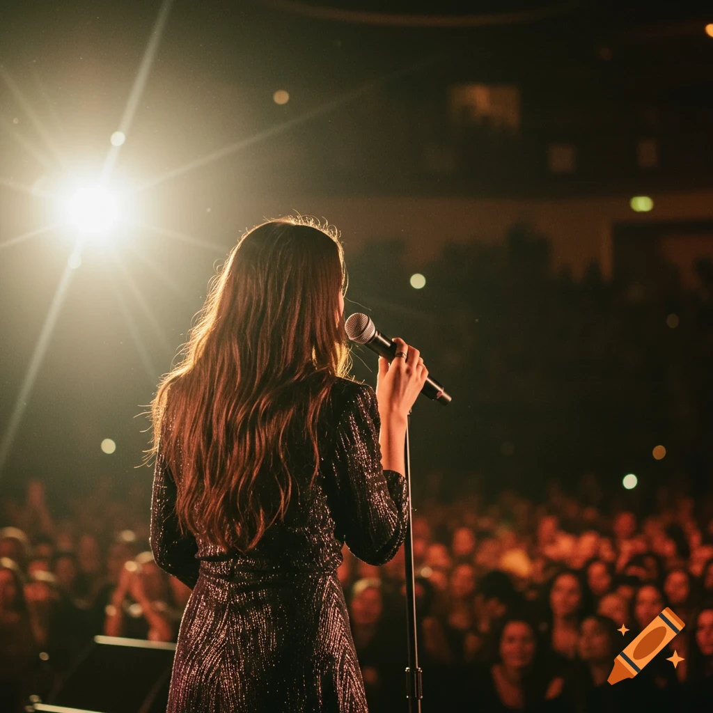 Woman singing on stage at a concert, viewed from behind