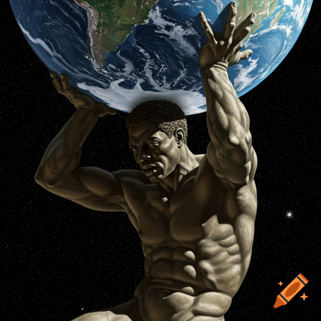 A muscular man who looks like a marble statue holding the planet Earth on his shoulders against a starry background, like Atlas.
