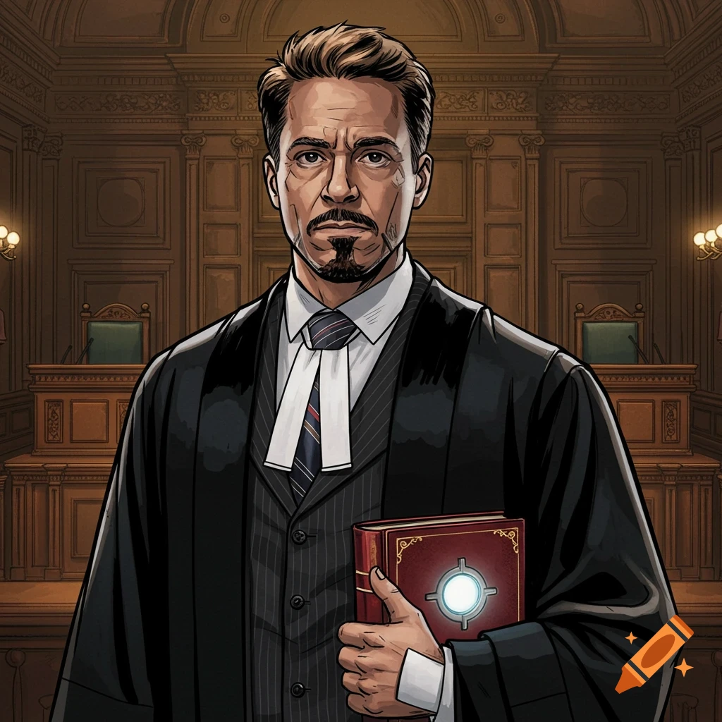 Illustration of Iron Man as a lawyer holding a glowing book in a courtroom