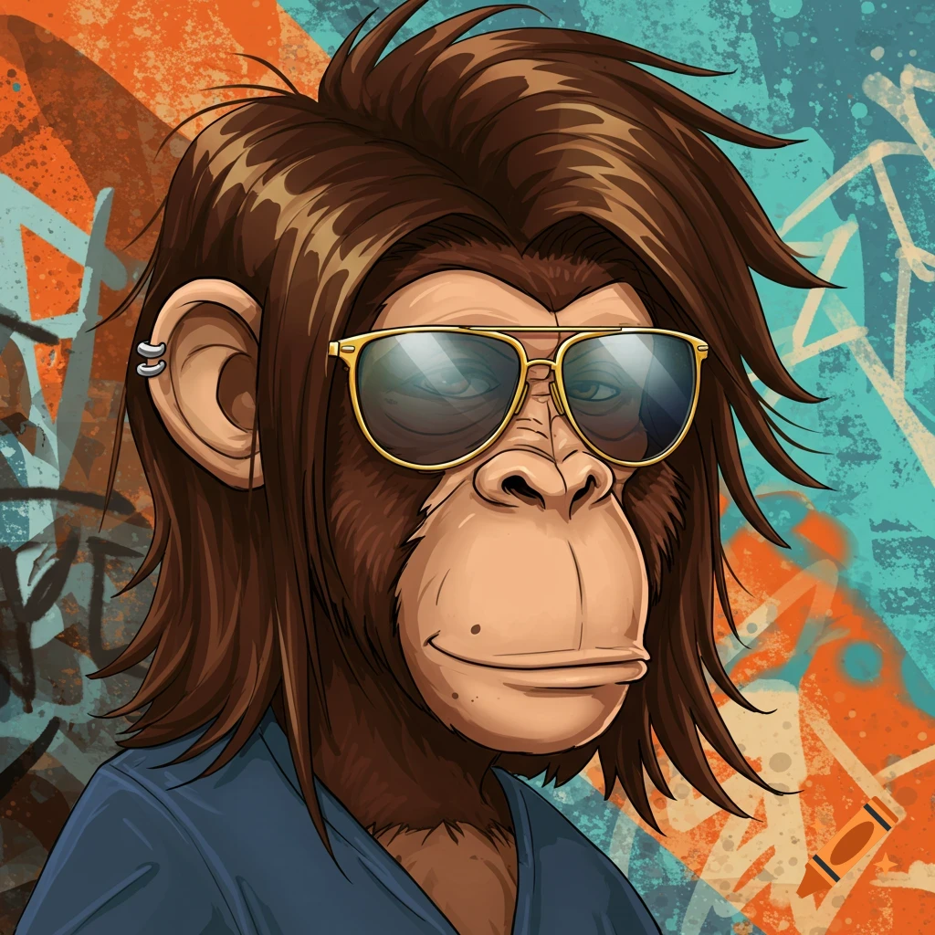 A digital illustration of a monkey with long brown hair and sunglasses in front of a graffiti background.