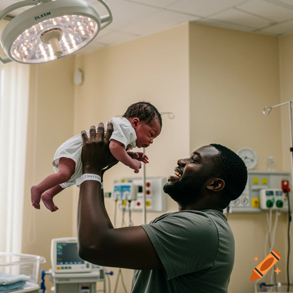 Black man playing with a Russian newborn baby in a hospital on Craiyon