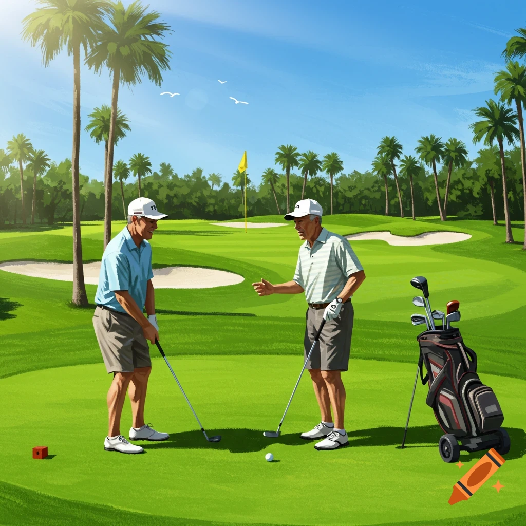 Two men golfing on a tropical course.