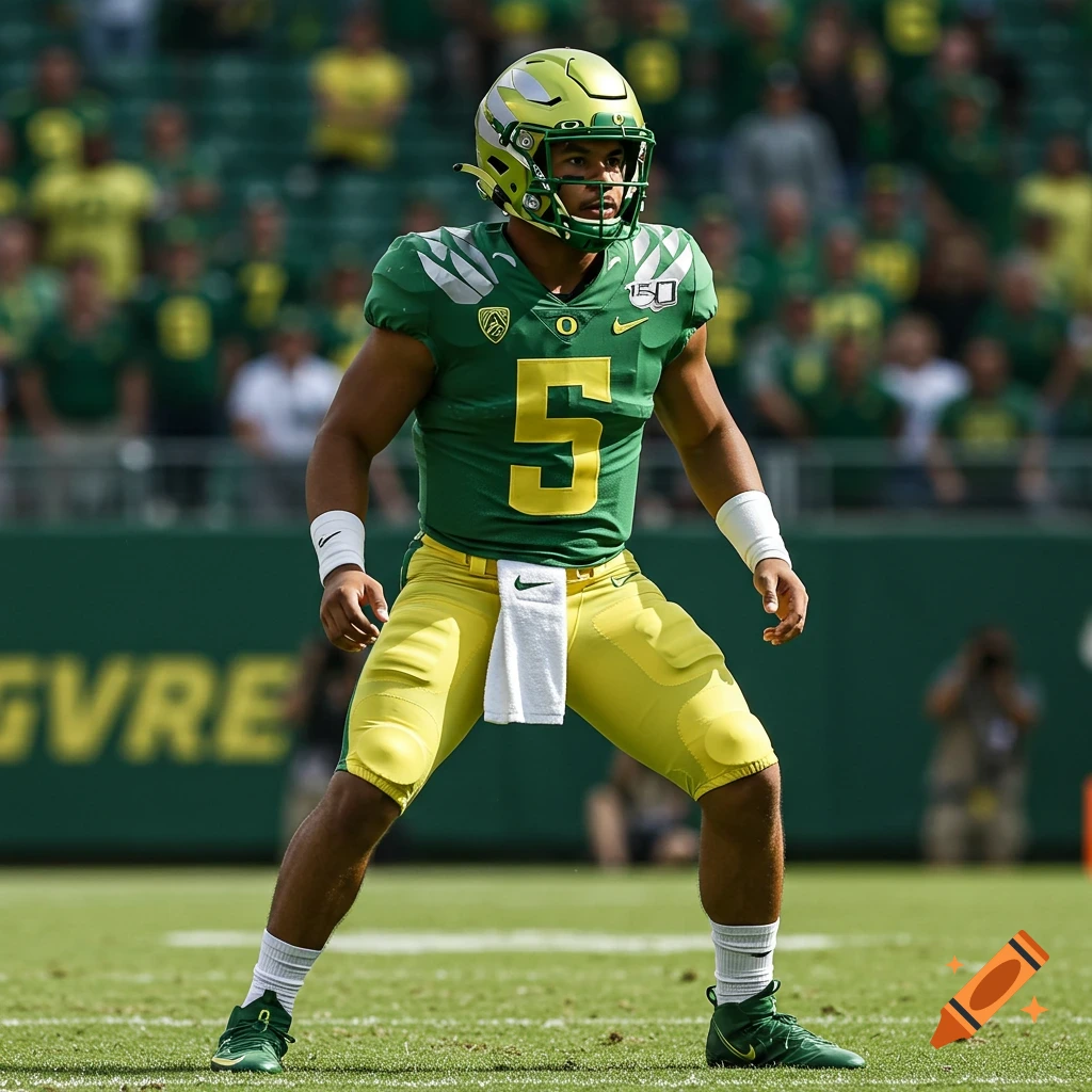 Oregon Ducks football player in a green and yellow uniform wearing number 5 on a field