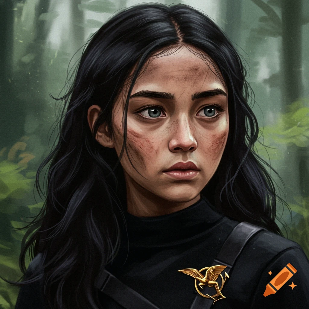A girl with black hair and a gold pin in a forest.