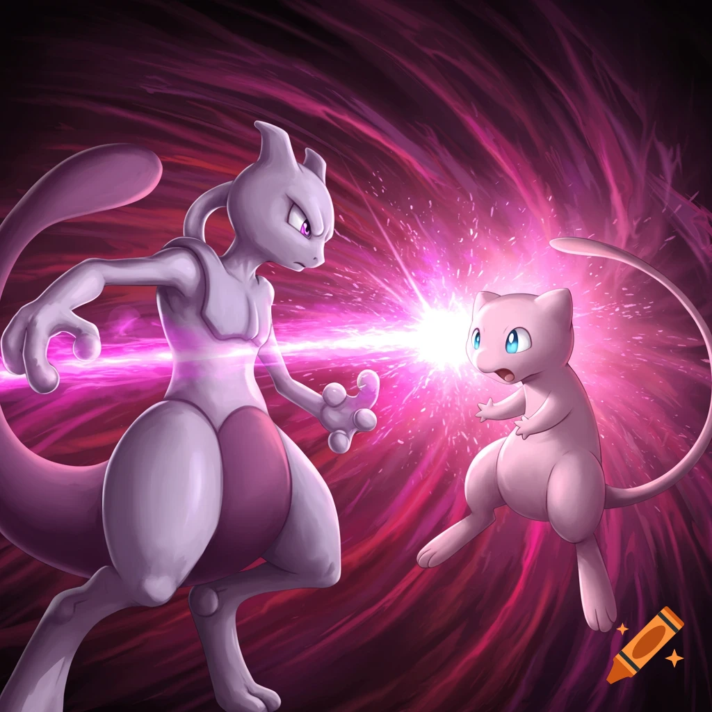Mewtwo and Mew battle with a bright pink energy beam between them.