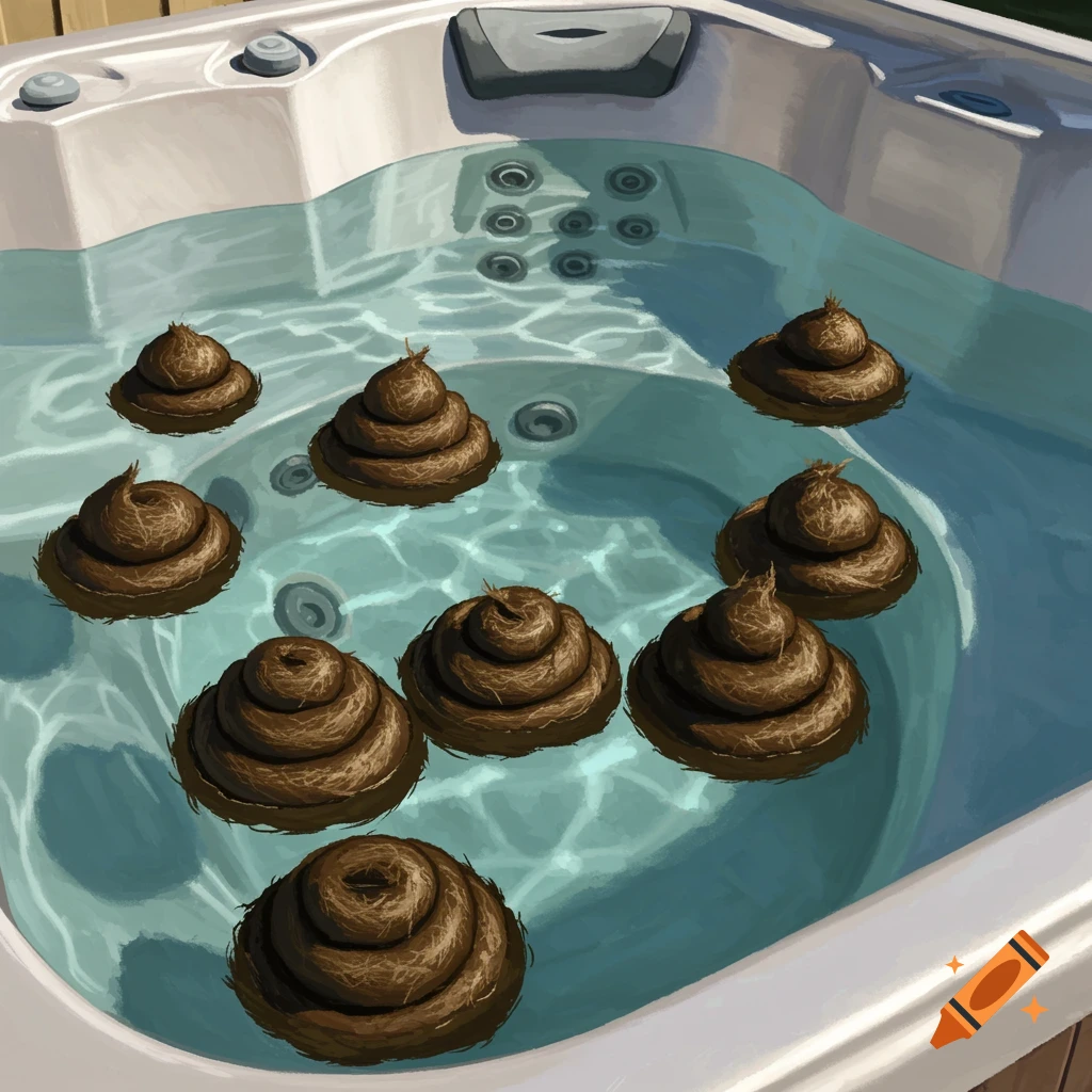 Multiple piles of manure floating in a hot tub.