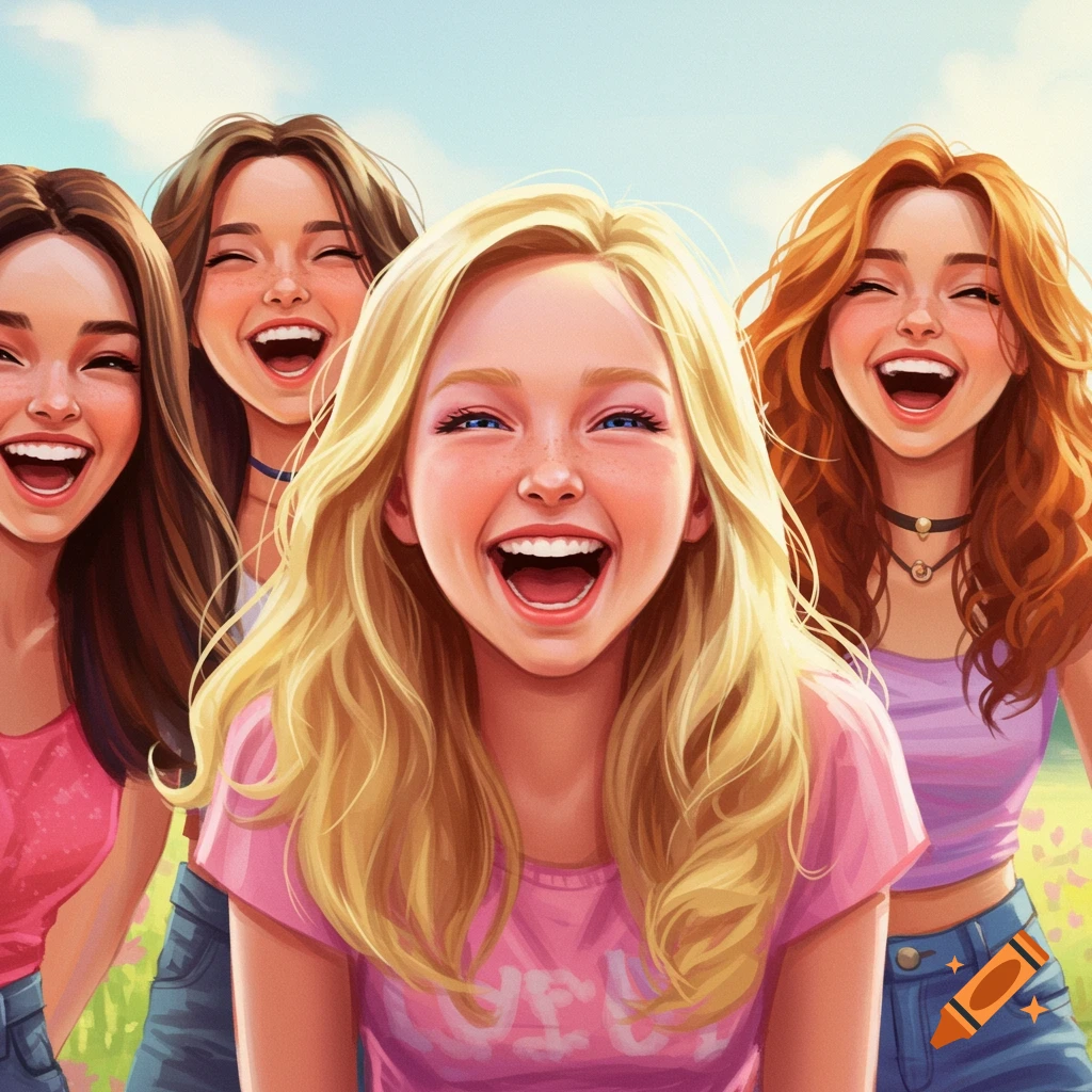 Vibrant illustration of four teenage girls laughing together outdoors.