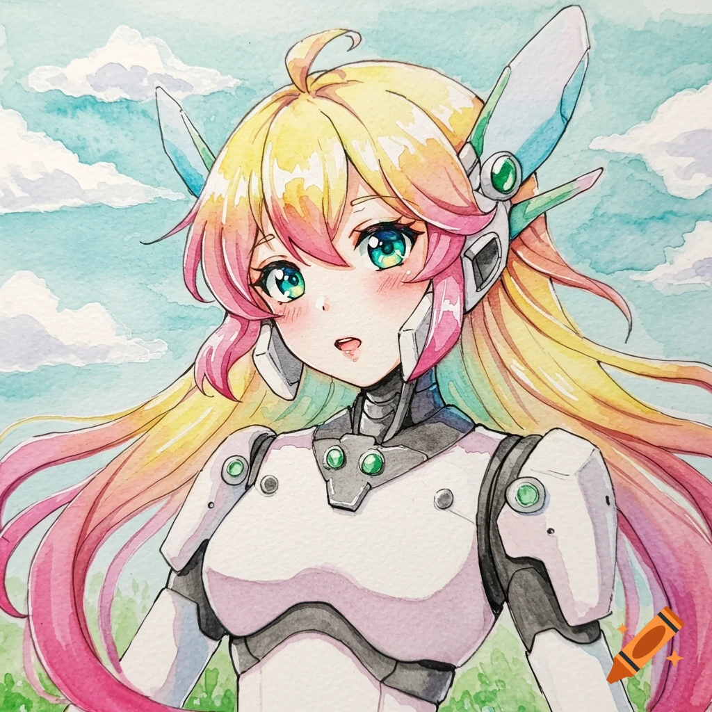 Watercolor painting of an anime mecha girl with long colorful hair against a cloudy sky.