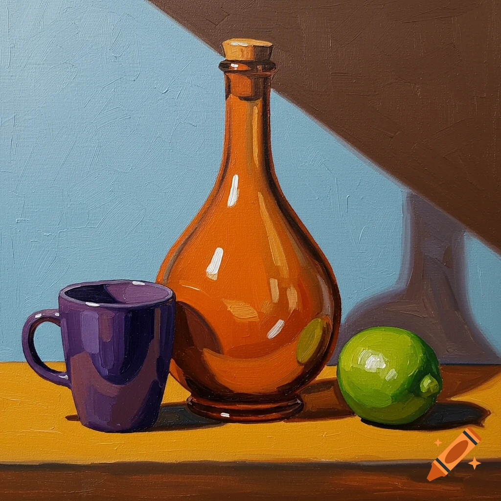 A still life painting in a style similar to Van Gogh, featuring an orange bottle, a purple mug, and a lime on a table.