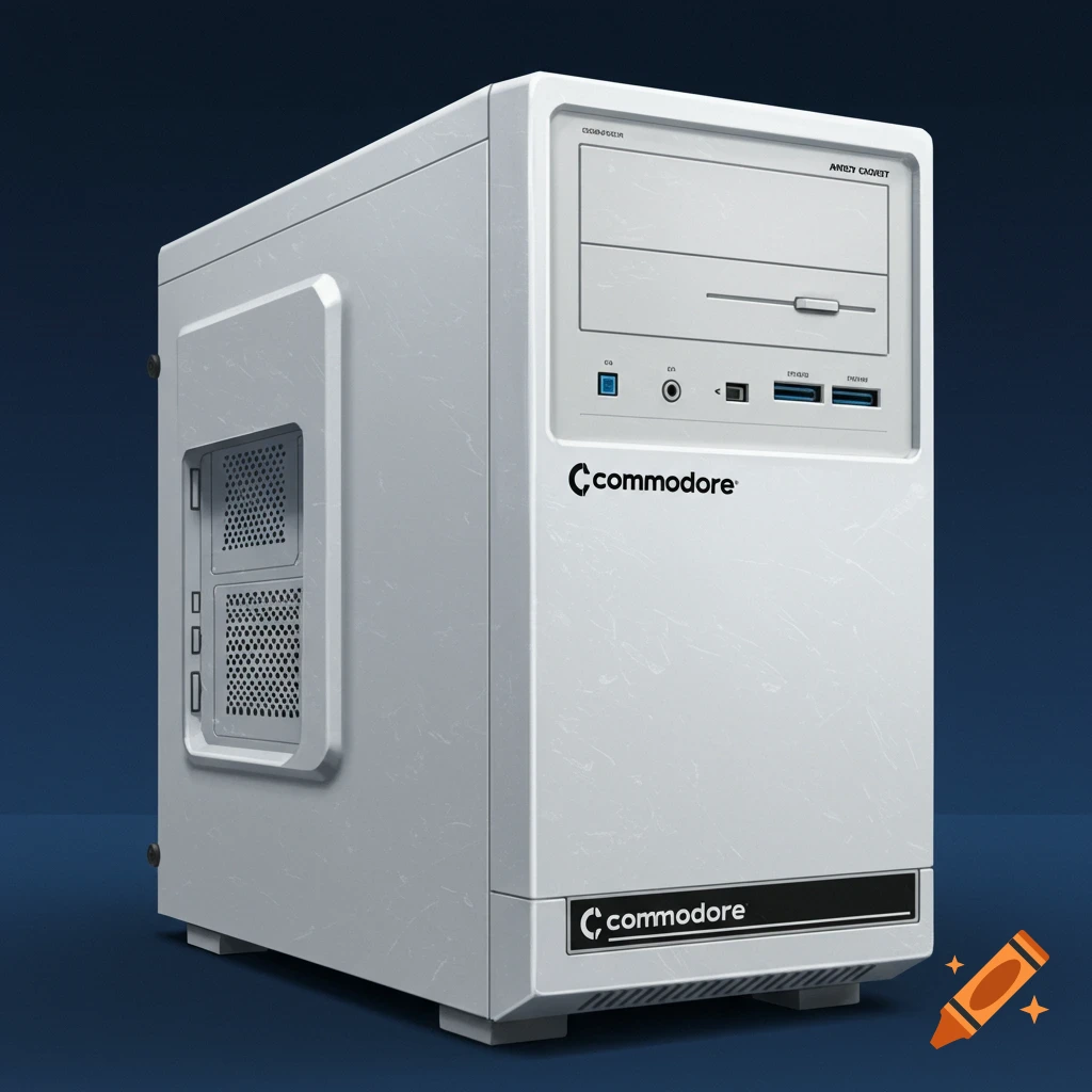A white computer case with the Commodore brand logo on a dark background.