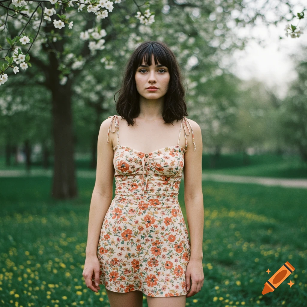 A young woman in a floral sundress stands in a park in Holga style.