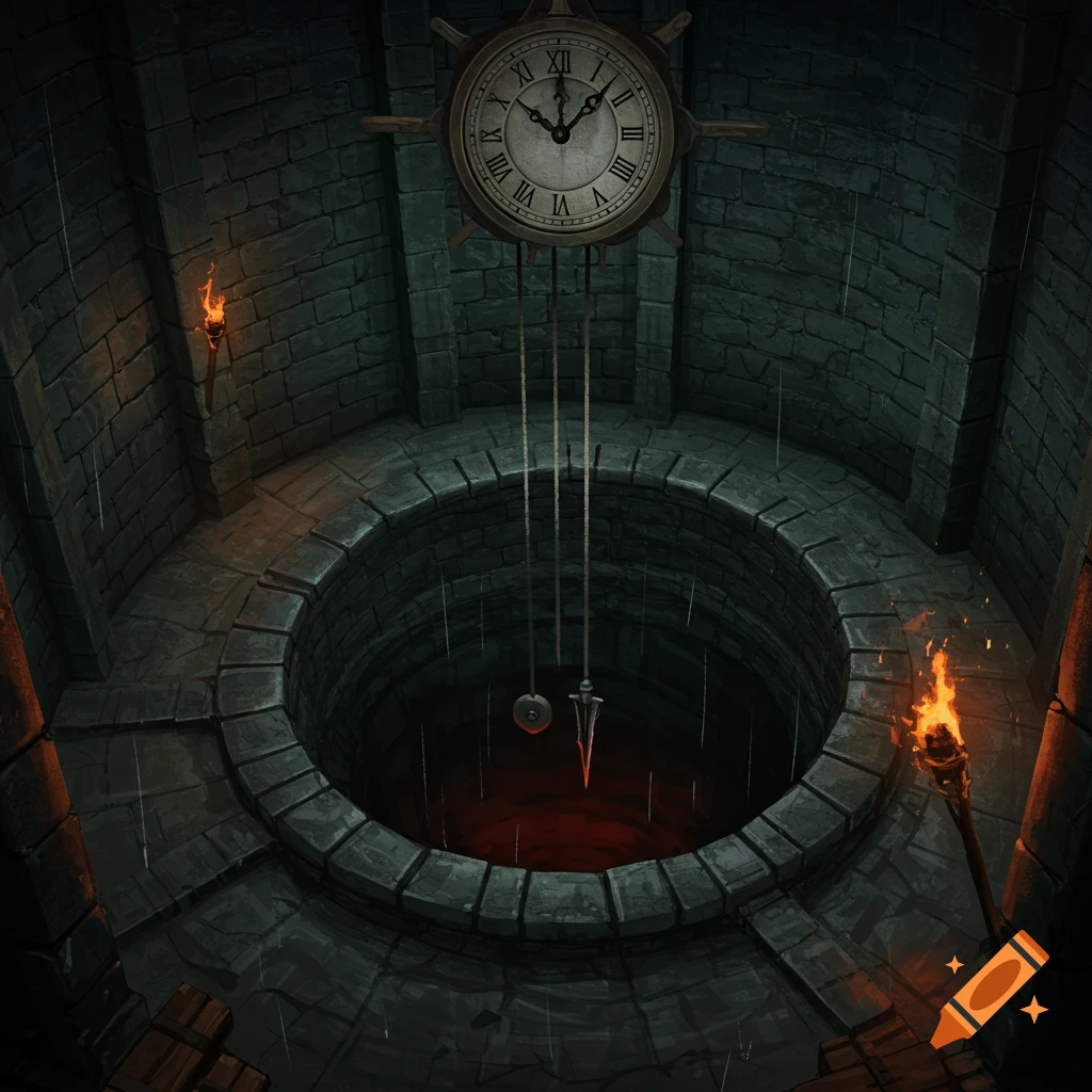 A dark dungeon pit with a clock and swinging blade pendulum above it, lit by torches.