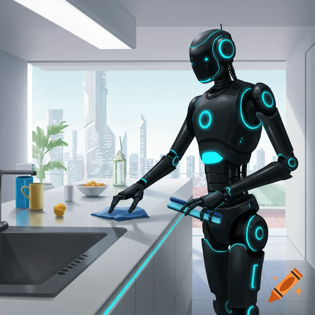 A futuristic black robot cleaning a kitchen counter with a city view.