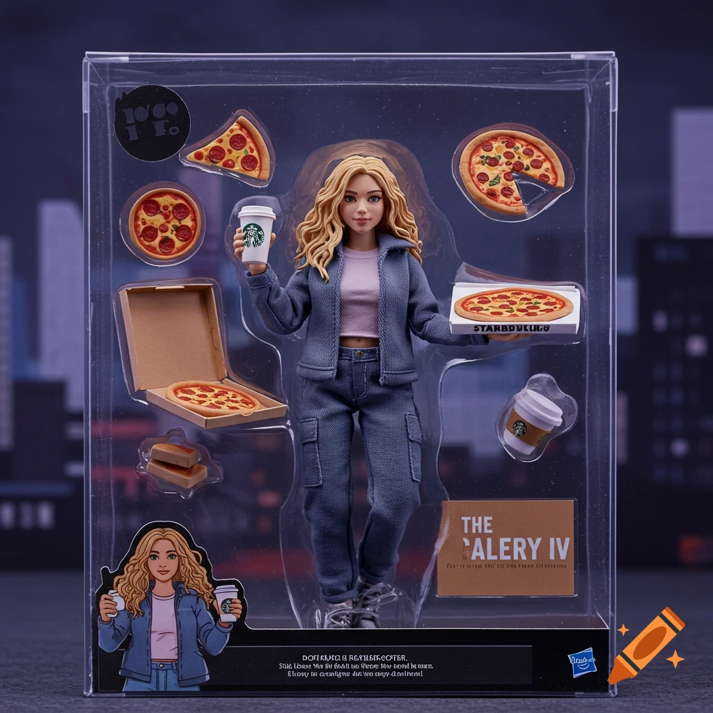 Action figure of a woman in packaging with pizza slices, coffee cups, and pizza boxes.