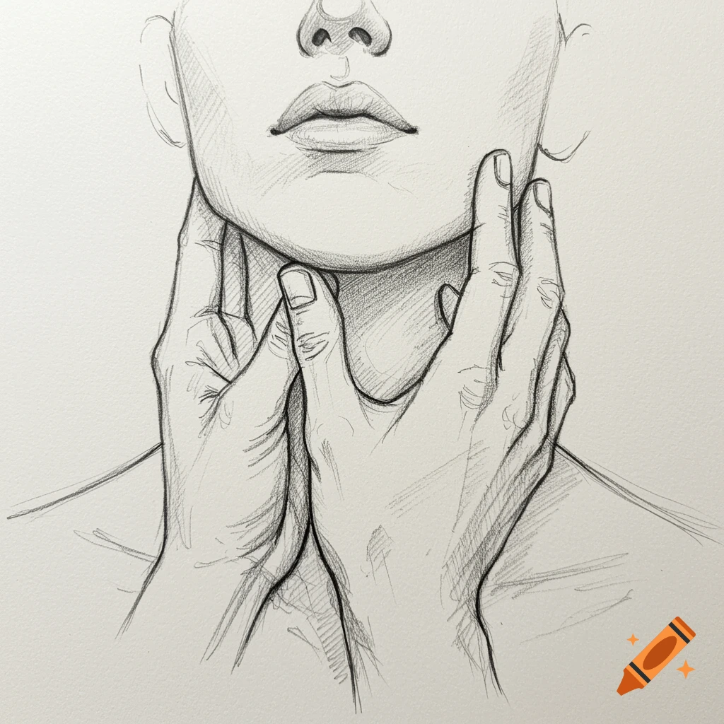 Pencil sketch of hands gently cupping a person's chin.