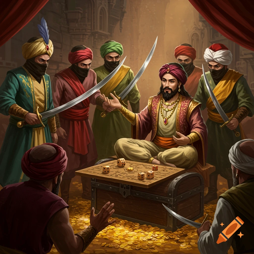 A figure playing dice on a treasure chest, surrounded by masked men with swords in an ancient city.