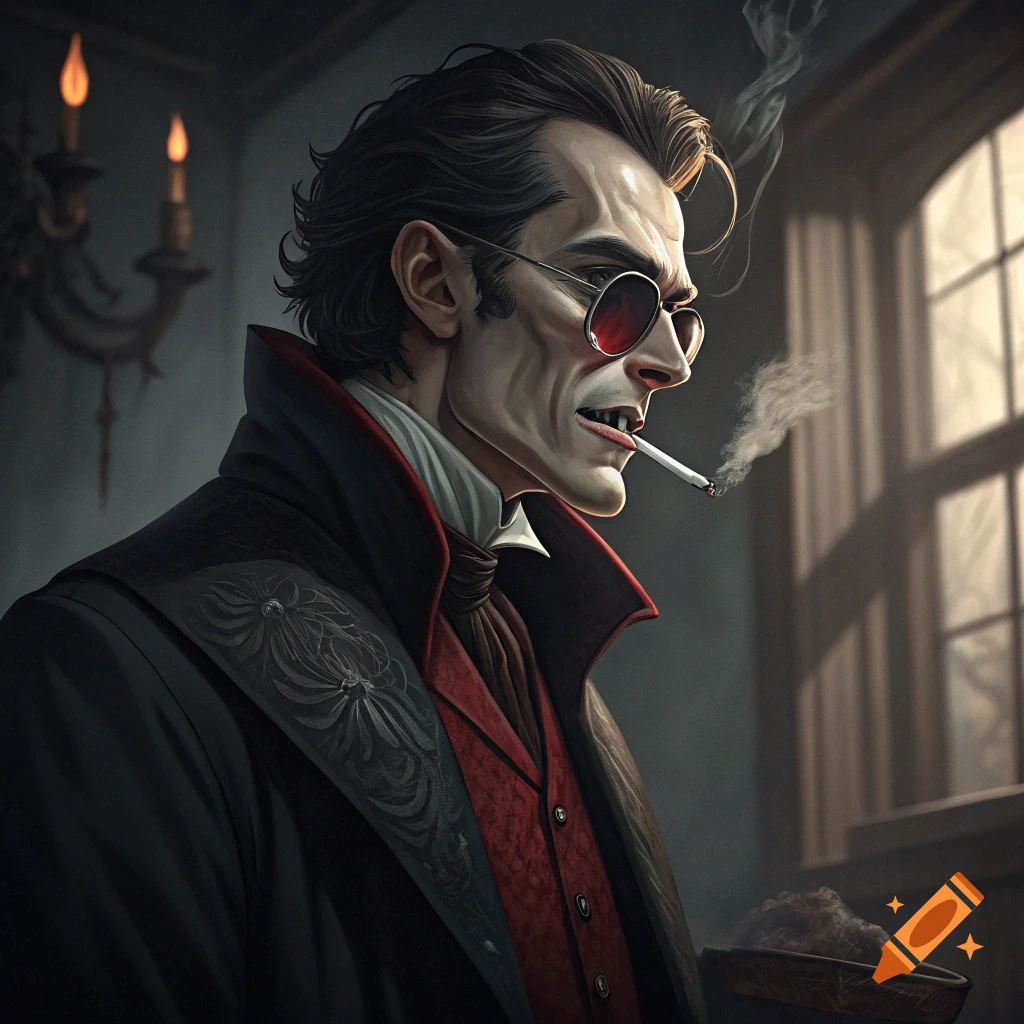 Stylized portrait of Dracula with sunglasses and a cigarette in a dimly lit room.