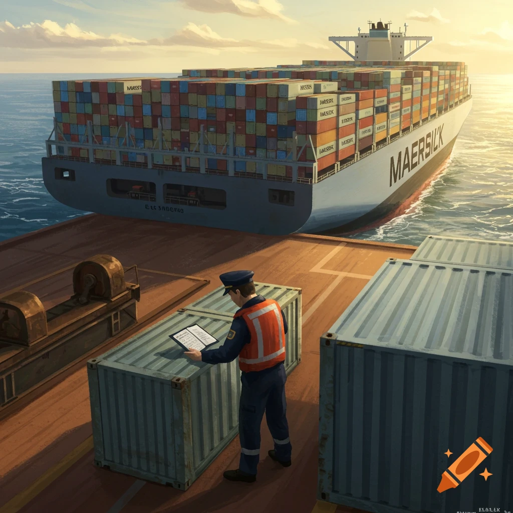 A large Maersk container ship is being inspected by an officer on a smaller vessel in a harbor.