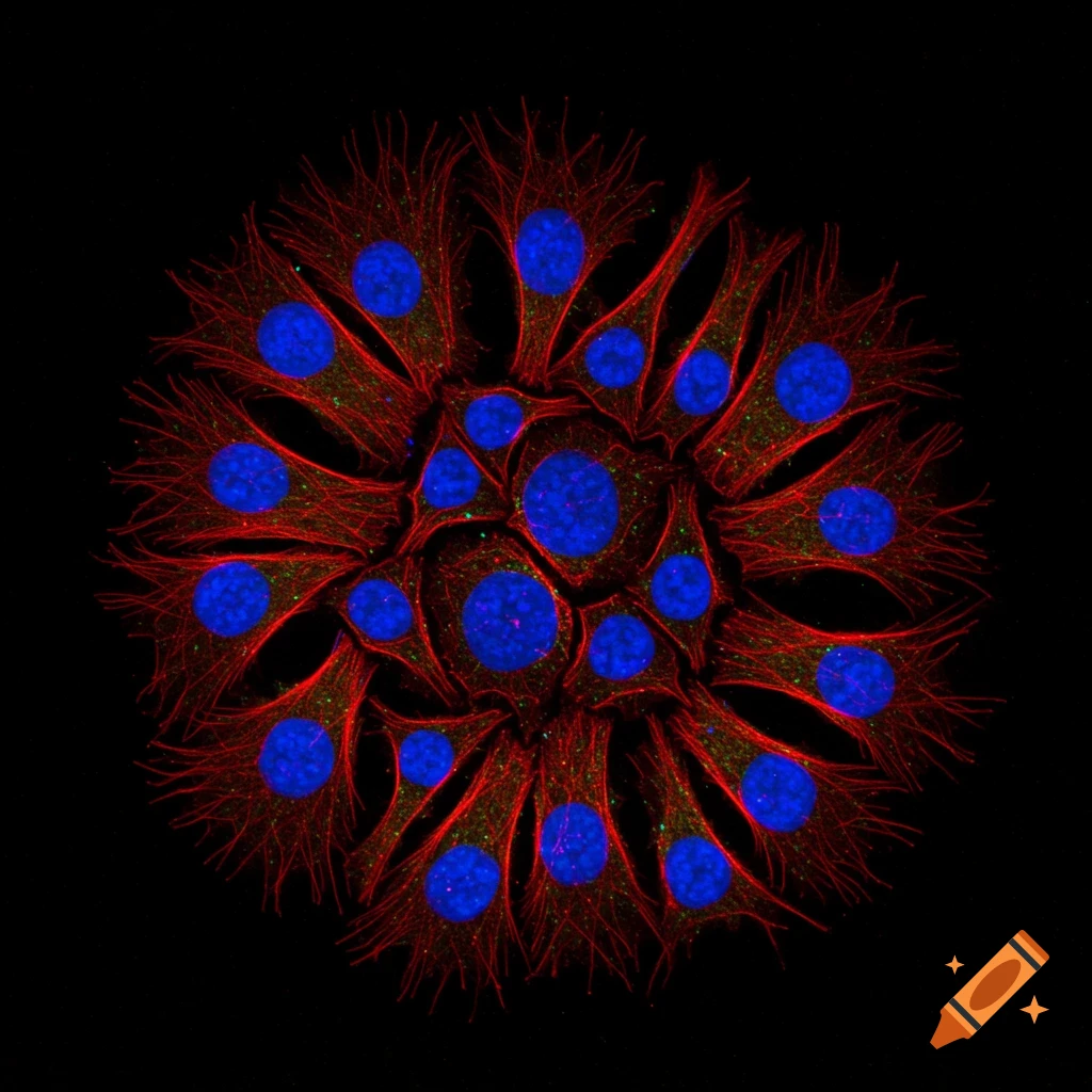 Fluorescence microscopy image of cells showing blue nuclei and red cytoskeleton structures on a black background.