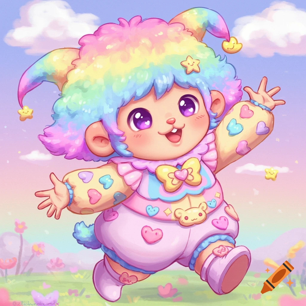 A cute cartoon character with rainbow hair and jester hat runs through a field.