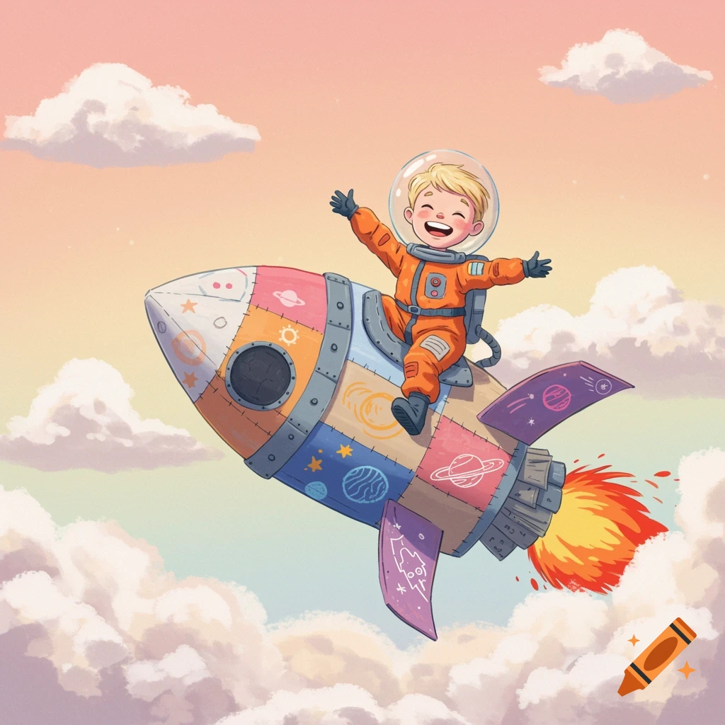 A happy boy in an orange spacesuit rides a colorful patchwork rocket through pastel clouds, whimsical.