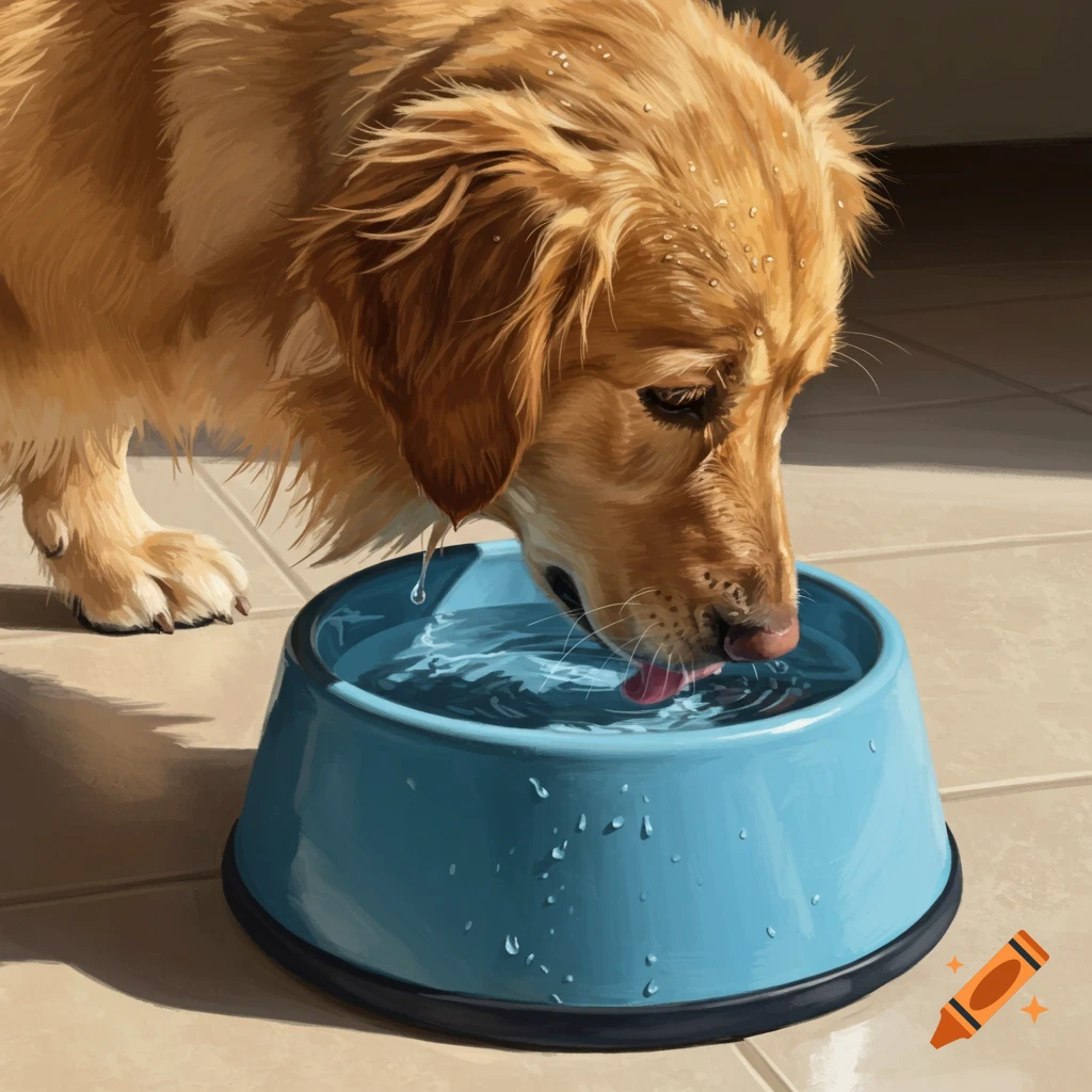 A golden retriever drinking from a blue water bowl