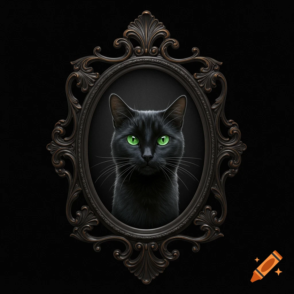 A black cat with green eyes is in an ornate Victorian frame.