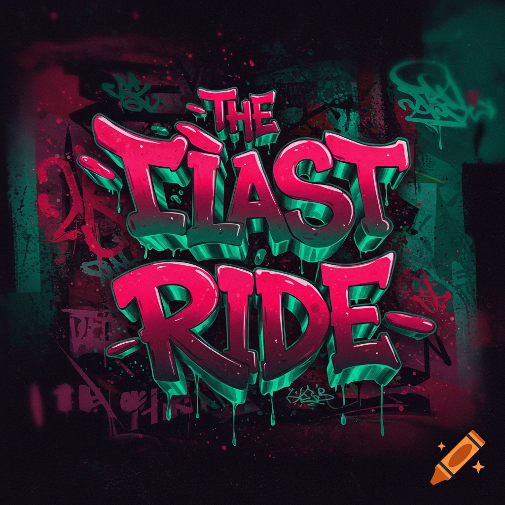 Pink and green stylized graffiti typography spelling 'THE LAST RIDE' with drips and spray paint effects.