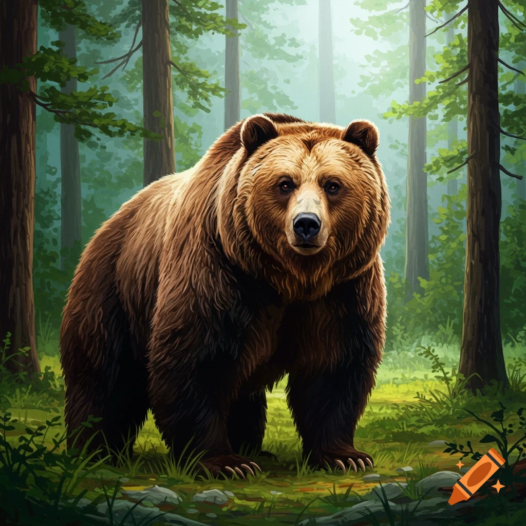 A brown bear stands in a forest
