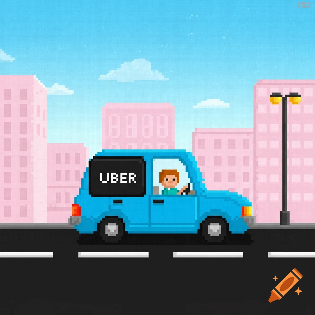 Pixel art scene of a blue Uber car driving down a road with buildings and a street light.