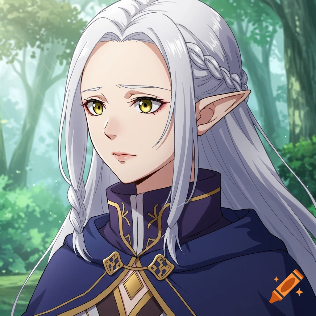 Anime portrait of a white-haired elf woman in a blue cloak standing in a forest.