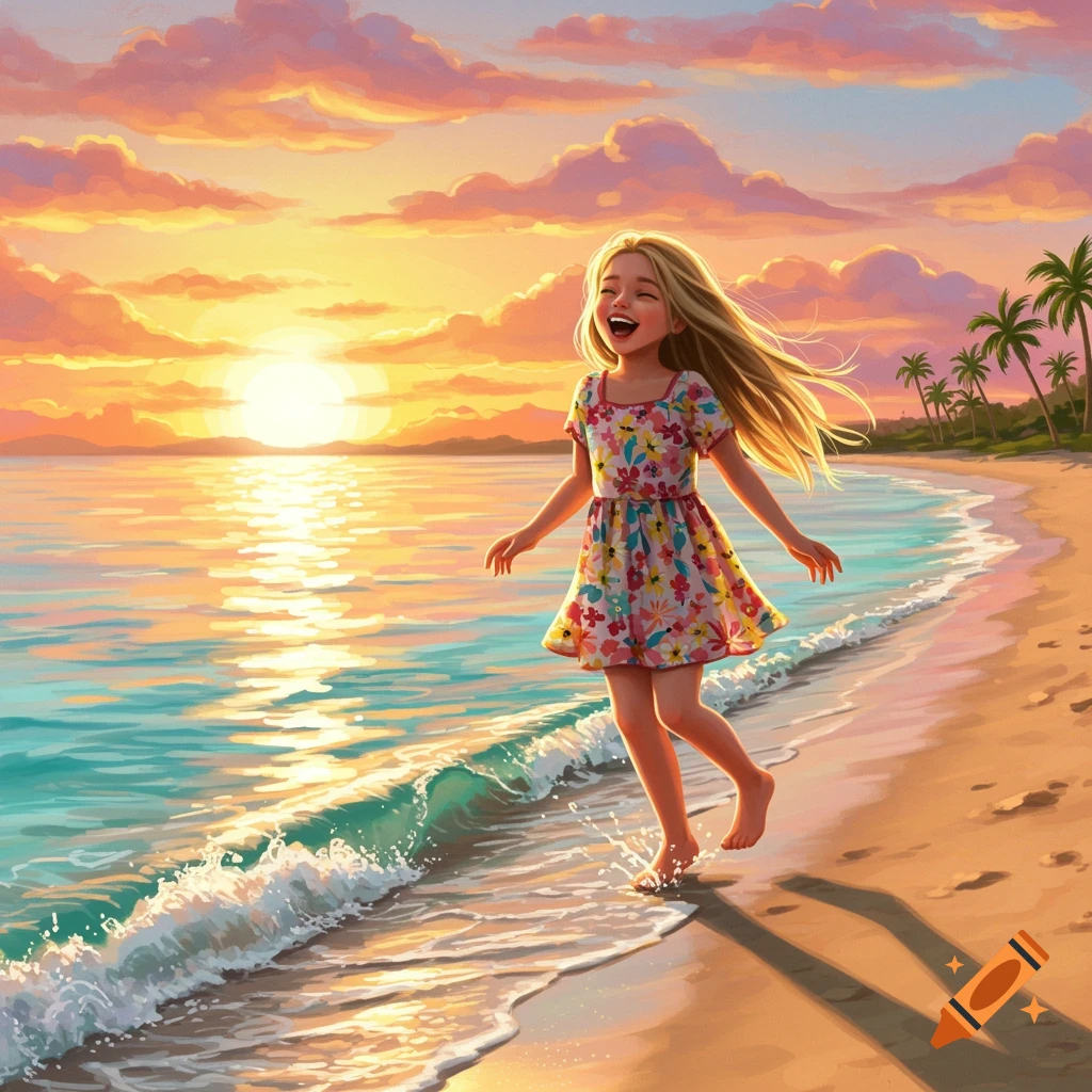 A young girl laughing and running on a tropical beach at sunset.