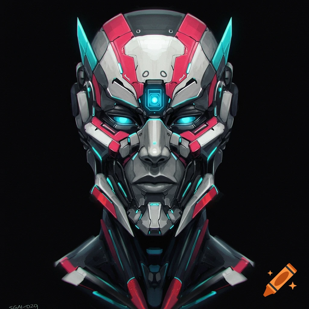 Detailed image of a futuristic cyborg or robot head with glowing blue eyes