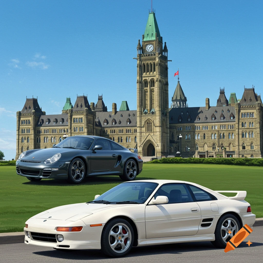 A grey Porsche and a white Toyota MR2 parked in front of the Canadian Parliament building.