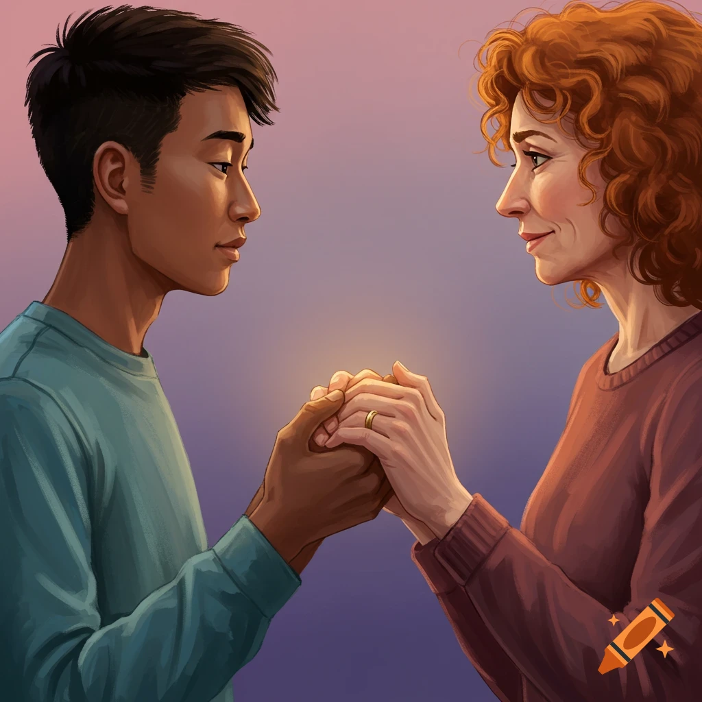 A young man and an older woman holding hands and looking at each other.