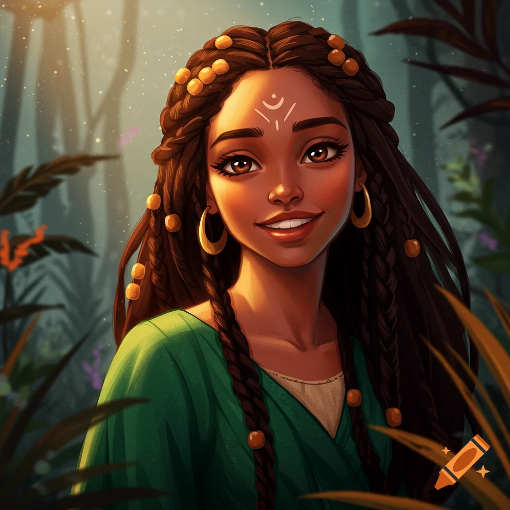 A smiling woman with braided hair and beads, wearing a green garment, is in a forest setting.