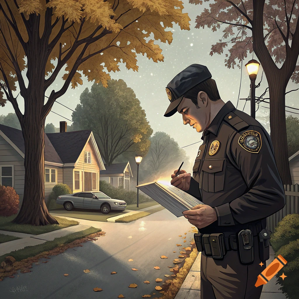 Illustration of a police officer standing on a suburban street in autumn, writing on a notepad.
