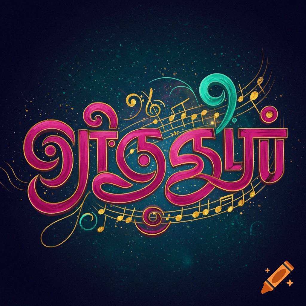 Stylized Tamil script with musical notes on a dark starry background.